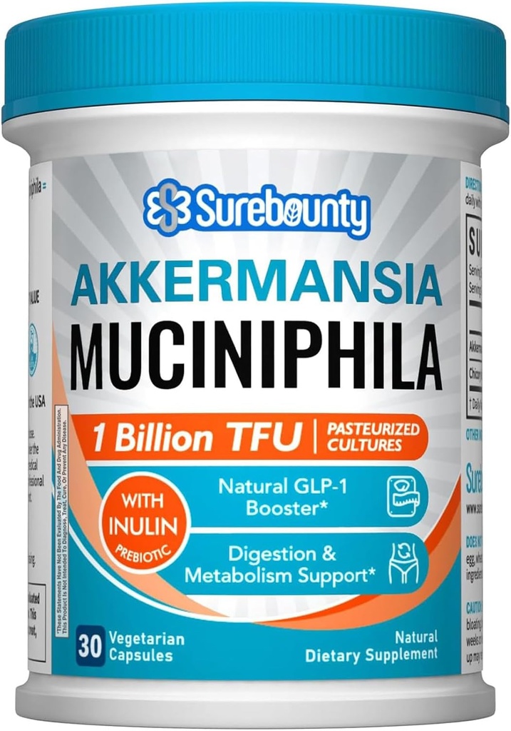 Akkermansia Probiotic GLP-1, 1 Million TFU, Akkermansia Muciniphila avec prébiotique Inulin Fiber, Gut Health for Men & Women, végétalien, non-OGM, 30 capsules