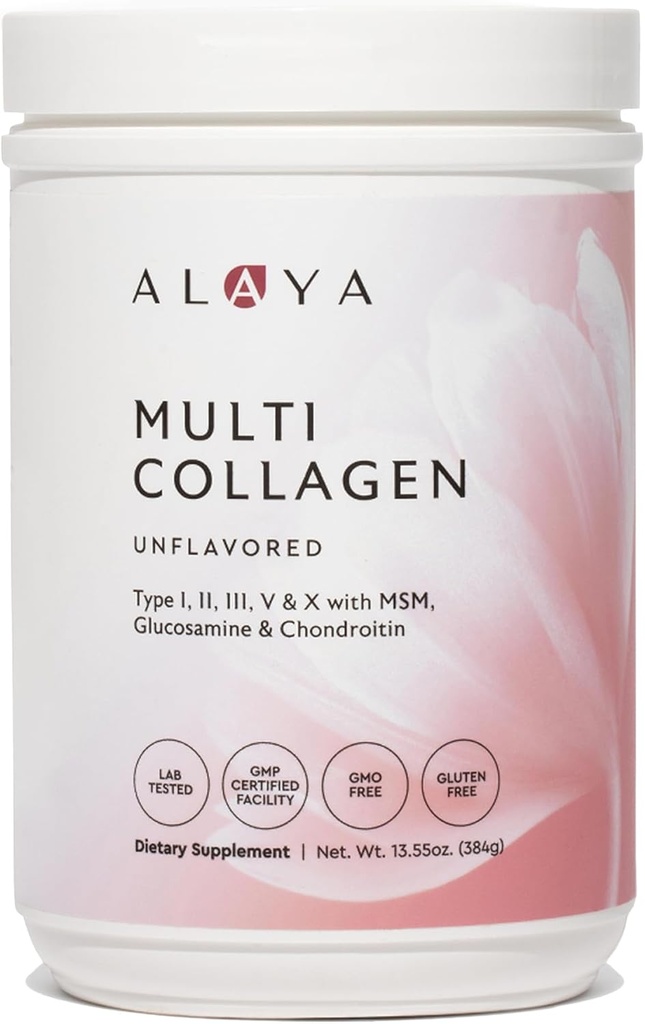 Alaya poudre multicollagène - Type I, II, III, V, X poudre hydrolysée de peptides de collagène avec MSM + GC (non aromatisé) (40 portions)