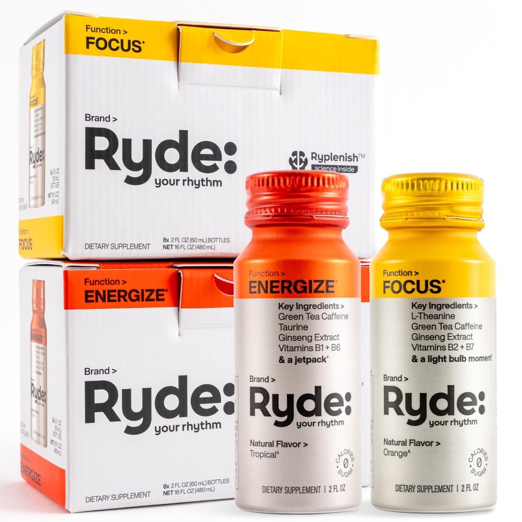 RYDE Shots | Energize + Focus | Essential B Vitamins and Caffeine| Zero Calories, Zero Sugar | Pack of 16