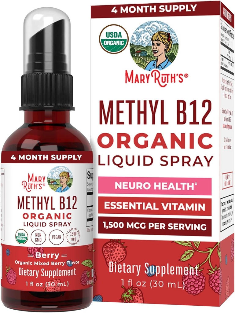 MaryRuth Organics Vitamin B12 Liquid Spray | Vegan, Non-GMO, Gluten-Free | USDA Organic Supplement | Energy & Nervous System Support | B12 Vitamins for Women & Men | 1,500 mcg | 1 Fl Oz