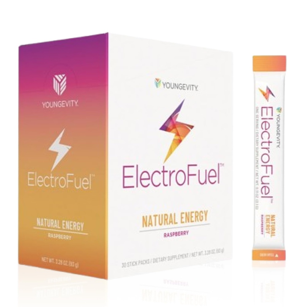 Youngevity Official ElectroFuel Natural Energy Drink Mix - Raspberry Electrolyte Powder - Energy and Hydration - 30 Sticks