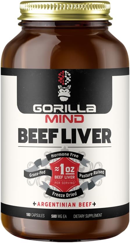 Gorilla Mind Grass-Fed Argentinian Beef Liver - Nature’s Multivitamin/Beef Liver Supplement in Freeze Dried Capsules/Pasture Raised/Hormone Free/1 Oz