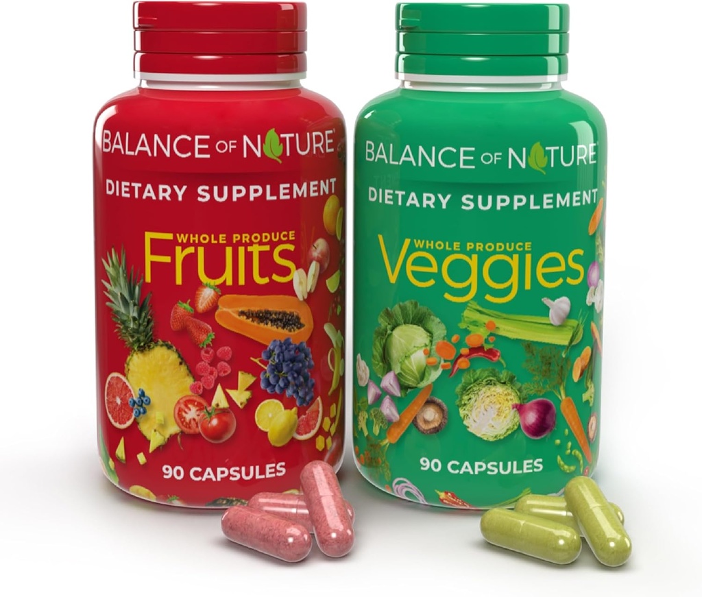 Balance de la nature Suppléments de fruits et légumes - Ingrédients entiers de fruits et légumes pour les femmes, les hommes et les enfants - 90 Capsules de fruits, 90 Capsules de légumes - 1 Ensemble
