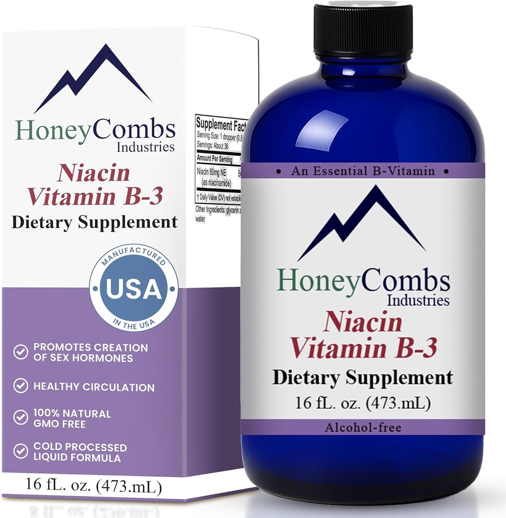 HoneyCombs Vitamine B3 Supplément Niacine gouttes liquides - Haute puissance Vitamine B3 gouttes liquides pour les hommes et les femmes - Maintenir le système digestif, la peau, la langue, l'énergie et plus - Vegan Niacine goutte (16 Fl oz)