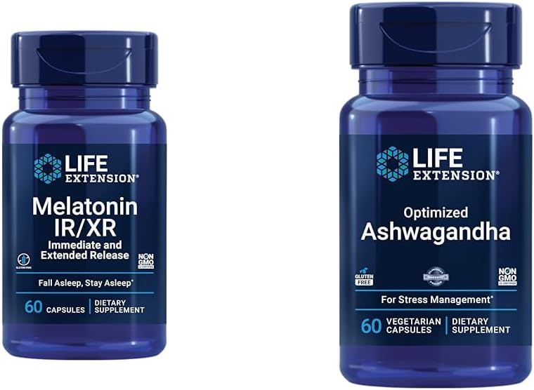 Extension de vie Melatonine IR/XR & Ashwagandha optimisé - Sommeil, soulagement du stress, Focus, Mémoire - 60 Capsules