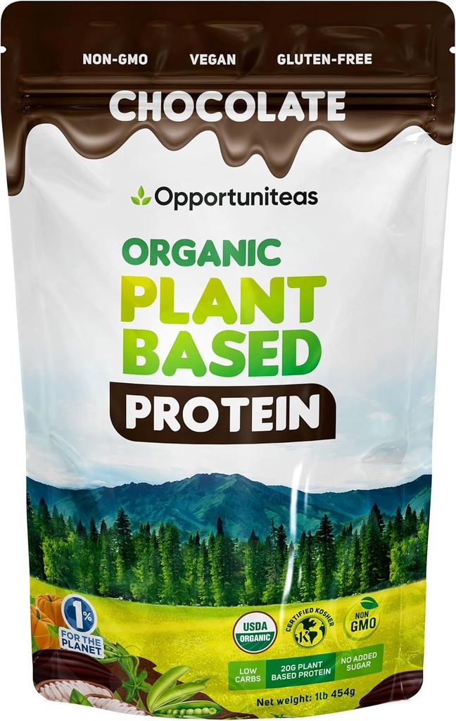 Opportuniteas Poudre de protéines à base de plantes biologiques, 20g Protéines végétales de pois, citrouille et riz, sans sucre, sans OGM, sans gluten, chocolat crémeux, 1 lb
