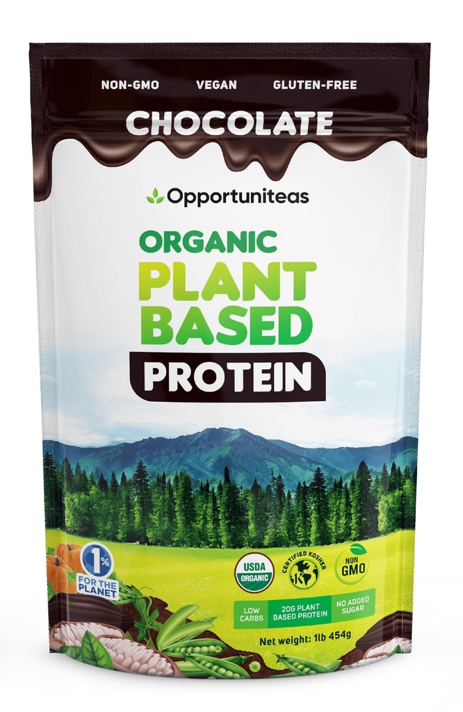 Opportuniteas Poudre de protéines à base de plantes biologiques, 20g Protéines végétales de pois, citrouille et riz, sans sucre, sans OGM, sans gluten, chocolat crémeux, 1 lb