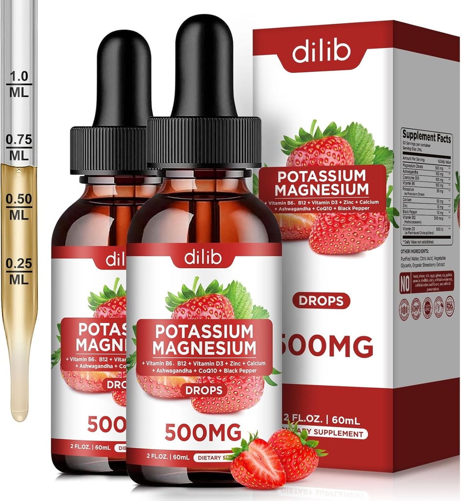 Supplément de citrate de magnésium de potassium, gouttes de citrate de magnésium liquide 500mg avec Ashwagandha, Calcium, zinc, vitamine D3, B6, B12, CoQ10 - Soutien Calme et Bone et Muscle et Immune Santé Vegan 2 Pack