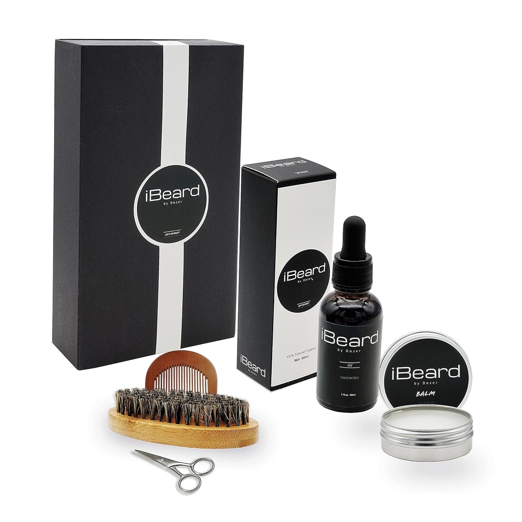 Kit de croissance de barbe avec huile de barbe, brosse à barbe, ciseaux, baume de barbe et peigne de bois