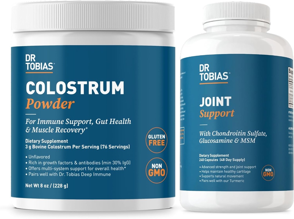 Dr Tobias Joint Support Supplément et Colostrum Powder - Soutient la mobilité, la santé du cartilage et la fonction immunitaire - Non-OGM