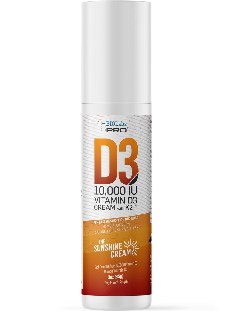 BIOLABS PRO All Natural Vitamine D3 10000IU Vitamine D Cream - Maximum Strength - Combattre le déficit en vitamine D naturellement - avec la vitamine K2 et l'extrait de feuille d'olive - Sûr et efficace (10 000IU - 3,0 oz)