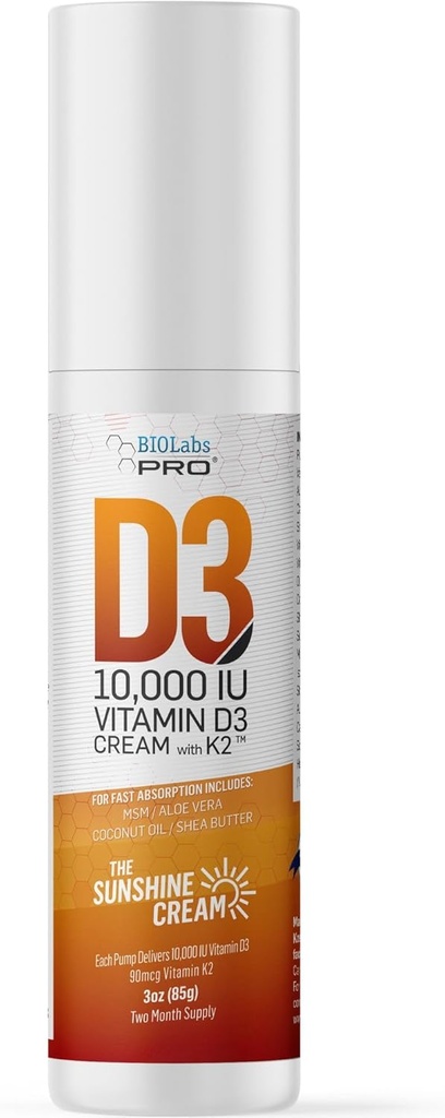 BIOLABS PRO All Natural Vitamine D3 10000IU Vitamine D Cream - Maximum Strength - Combattre le déficit en vitamine D naturellement - avec la vitamine K2 et l'extrait de feuille d'olive - Sûr et efficace (10 000IU - 3,0 oz)