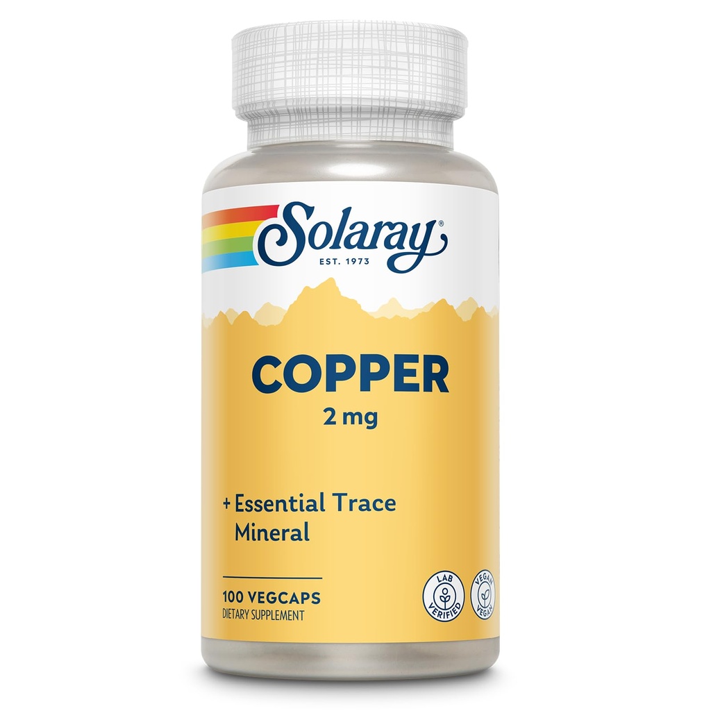 Solaray Copper 2mg - Chelated Copper Supplements for Women and Men, Essential Trace Mineral Pills from Amino Acid Chelate Complex for Overall Health Support - 100 Vegan Capsules