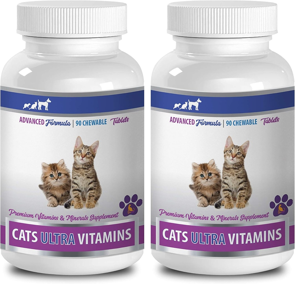 Gâteries de bien-être pour chats - Ultra Vitamines pour chats - Formule Minéraux et Vitamines Santé - Chews - Calcium pour chats - 2 bouteilles (180 gâteries)