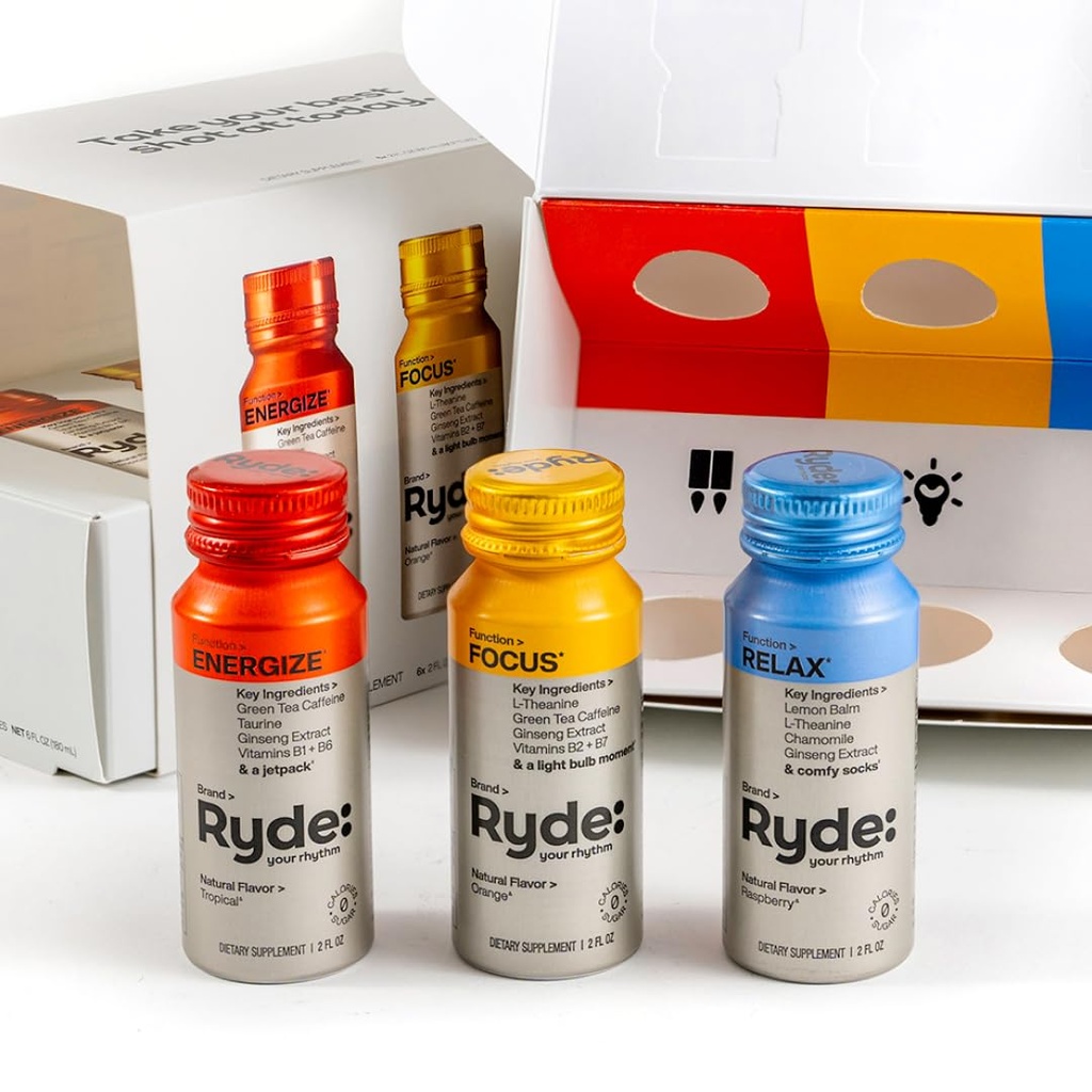 RYDE: Discovery Pack (Energize, Focus & Relax Shots) Thé vert Caféine, Taurine, Ginseng, B Vitamines, L-Theanine, Baume de citron, Camomille (en anglais seulement) 0 Calories, 0 Sucre (en anglais seulement)