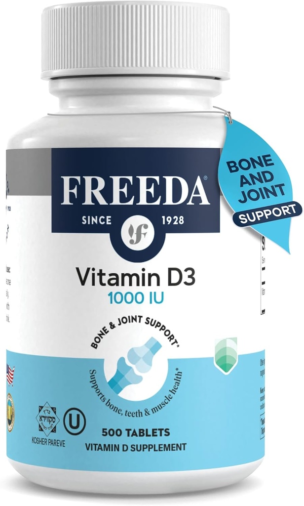 FREADA Vitamine D3-1000 UI - Comprimés de supplément à haute puissance - Santé des os et des muscles, Absorption de calcium, Soutien immunitaire pour les hommes et les femmes* - 500 Nombre