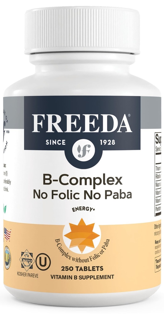 Complexe Freeda Vitamine B Non Folique Pas de PABA - Super B Complexe Casher Vitamine Supplément avec vitamine B1 Vitamine B2 Vitamine B3 Vitamine B5 Vitamine B6 Vit B12 - Vit B Complexe B pour les femmes et les hommes (250 Ct)
