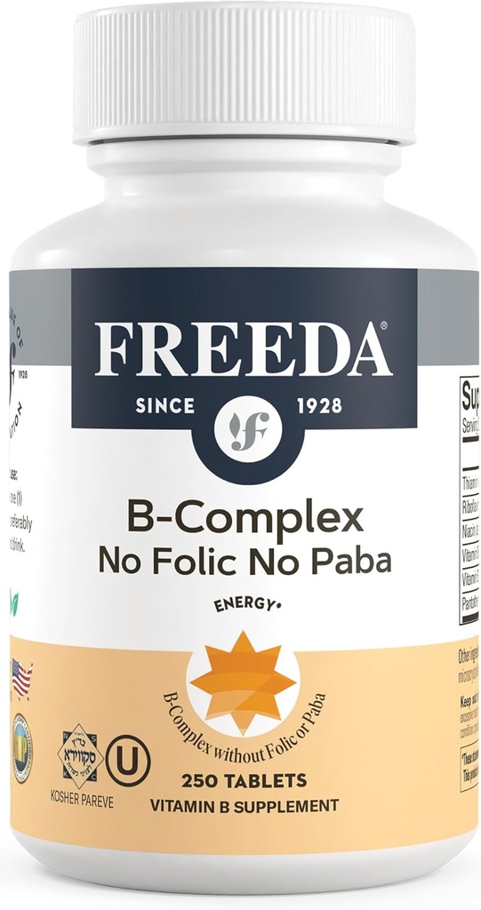 Complexe Freeda Vitamine B Non Folique Pas de PABA - Super B Complexe Casher Vitamine Supplément avec vitamine B1 Vitamine B2 Vitamine B3 Vitamine B5 Vitamine B6 Vit B12 - Vit B Complexe B pour les femmes et les hommes (250 Ct)