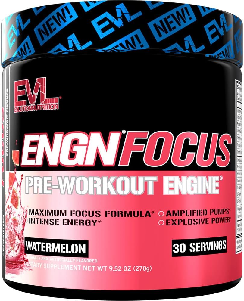 Evlution Nutrition ENGN Focus - Pré-entraînement intense avec la créatine - Formule de focalisation maximale - Poudre de pré-entraînement pour l'énergie durable - avec la bêta-alanine et la caféine - 30 portions - pastèque