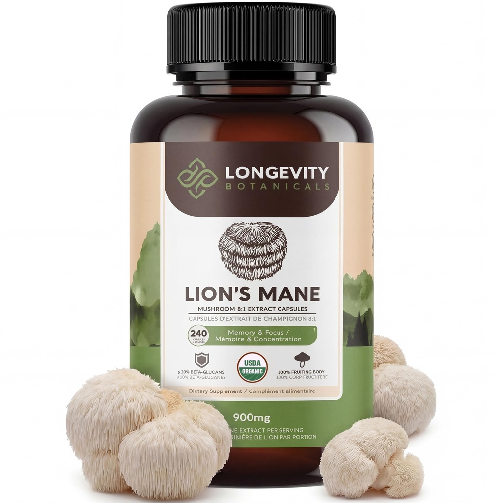 Longévité Botaniques Lion... Mane Mushroom Extract Capsules (240)...Concentré 8:1 Rapport... 100% Corps Fruits......