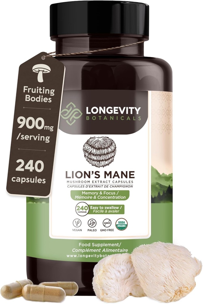 Longévité Botaniques Lion... Mane Mushroom Extract Capsules (240)...Concentré 8:1 Rapport... 100% Corps Fruits......