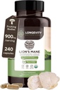 Longévité Botaniques Lion... Mane Mushroom Extract Capsules (240)...Concentré 8:1 Rapport... 100% Corps Fruits......