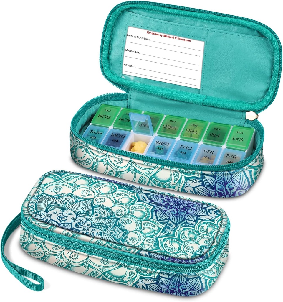 FINPAC Organisateurs hebdomadaires de pilules, cas de pilules de voyage 7 jours AM/PM Conteneur et distributeur de médicaments deux fois par jour Pill Box avec carte d'urgence pour les suppléments médicaux, les vitamines (Illusions émeraudes)