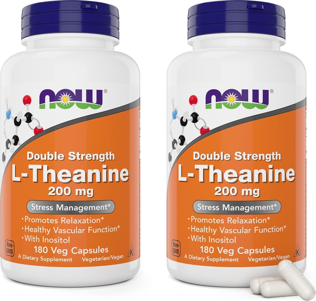MAINTENANT Aliments L-Theanine, double concentration 200 mg par capsule - 180 gélules (paquet de 2) (360 capsules totales) - Enhanced with 100mg Inositol - Végétarien, Non-OGM - Lthéanine 200mg Supplément