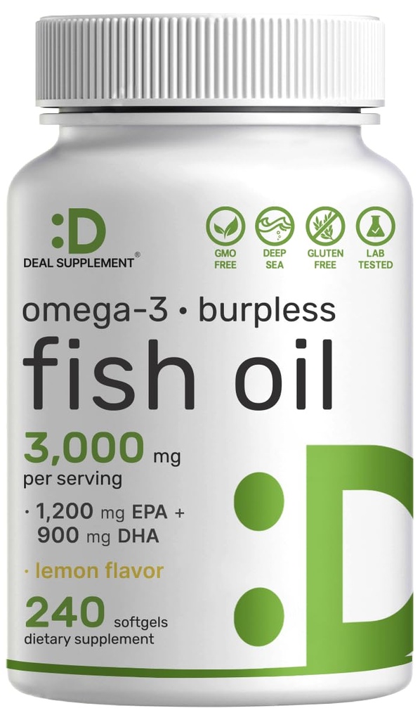 SUPPLÉMENT DE DÉAL Omega 3 Suppléments à l'huile de poisson, 3 000mg par portion, 240 Softgels – EPA 1 200mg + DHA 900mg – pilules sans Burpless, aromatisées au citron, prises sauvages – soutien du cerveau et du cœur – sans mercure, sans OGM