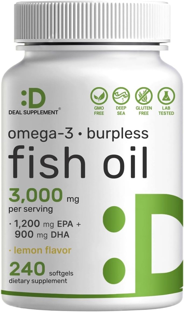 SUPPLÉMENT DE DÉAL Omega 3 Suppléments à l'huile de poisson, 3 000mg par portion, 240 Softgels – EPA 1 200mg + DHA 900mg – pilules sans Burpless, aromatisées au citron, prises sauvages – soutien du cerveau et du cœur – sans mercure, sans OGM