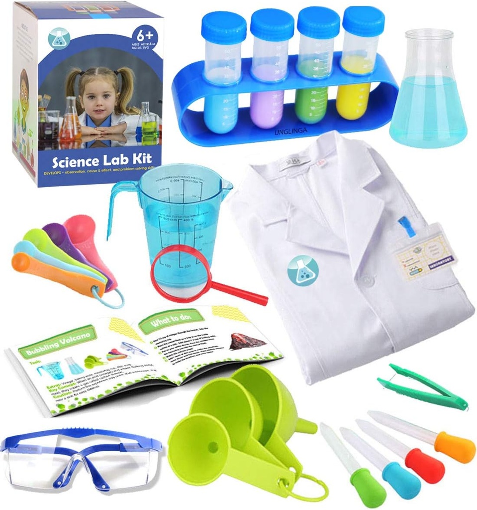 UNGLINGA Kids Science Experiment Kit avec lab Coat Costume scientifique Habiller et jouer au rôle Jouets Cadeau pour garçons filles Enfants Fête d'anniversaire de Noël