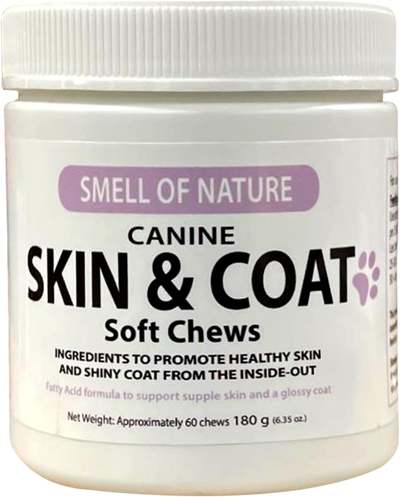 Supplément pour la peau et le manteau de chien Chews - Supplément pour la santé de la peau pour tous les âges et races - Promotion de la santé de la peau et du manteau lustreux - Riche en acides gras oméga et vitamines – 60 Chews