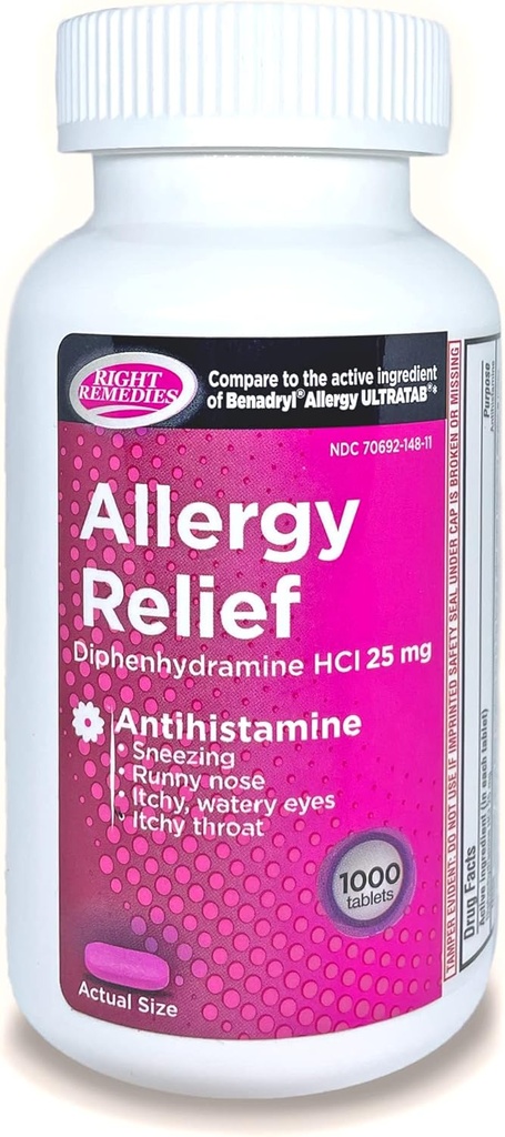 Antihistaminique antiallergique, Diphenhydramine HCl 25mg, Ultratabs Benadryl Générique, Soulage les allergies respiratoires supérieures saisonnières à l'intérieur ou à l'extérieur, 1000 Nombre