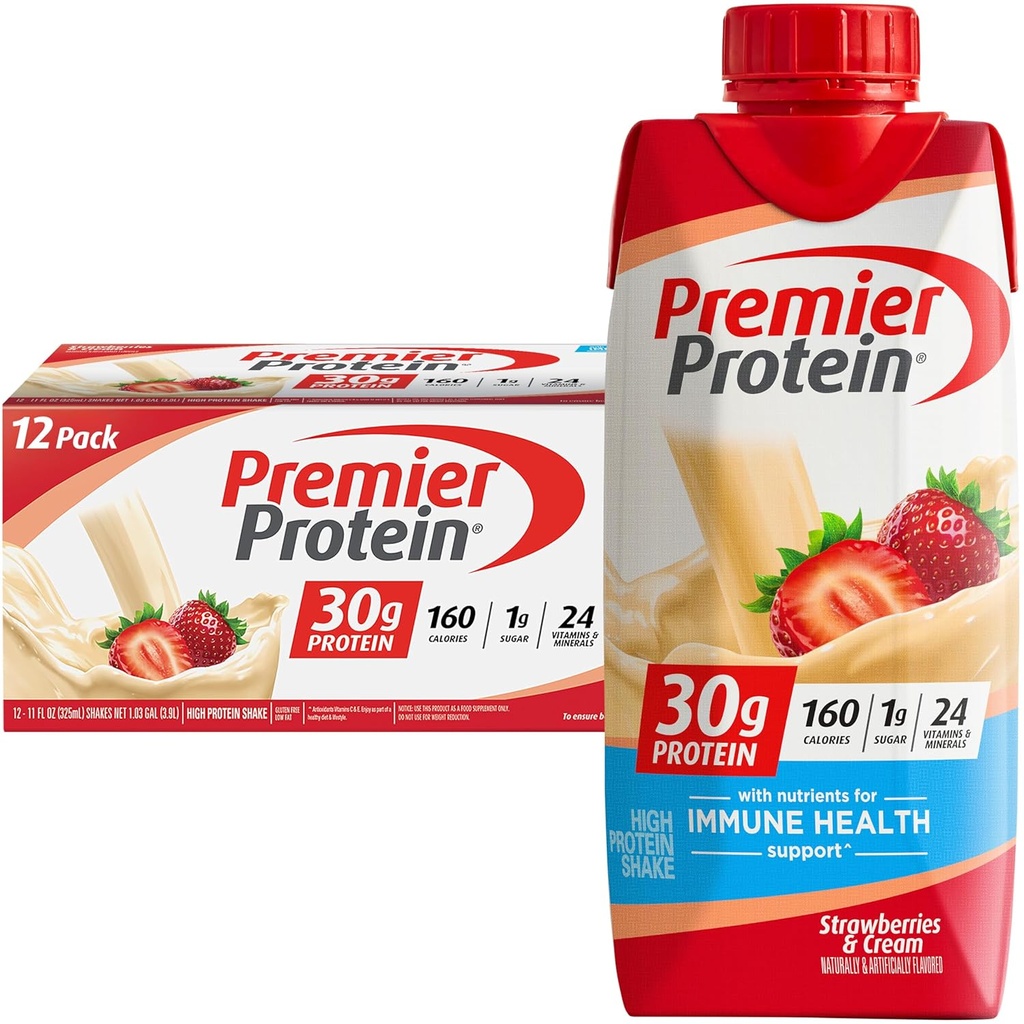 Premier Protein Shake, Strawberries & Cream, 30g Protein, 11 fl oz, Pack of 12 (Packaging May Vary)