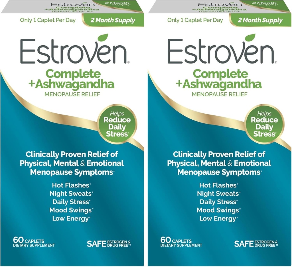 Estroven Complet + Supplément de ménopause multisymptômes d'Ashwagandha pour femmes - Ingrédients prouvés cliniquement fournir un soulagement de la ménopause et des sueurs de nuit + un soulagement du flash chaud* - Approvisionnement de 4 mois (paquet de 2)