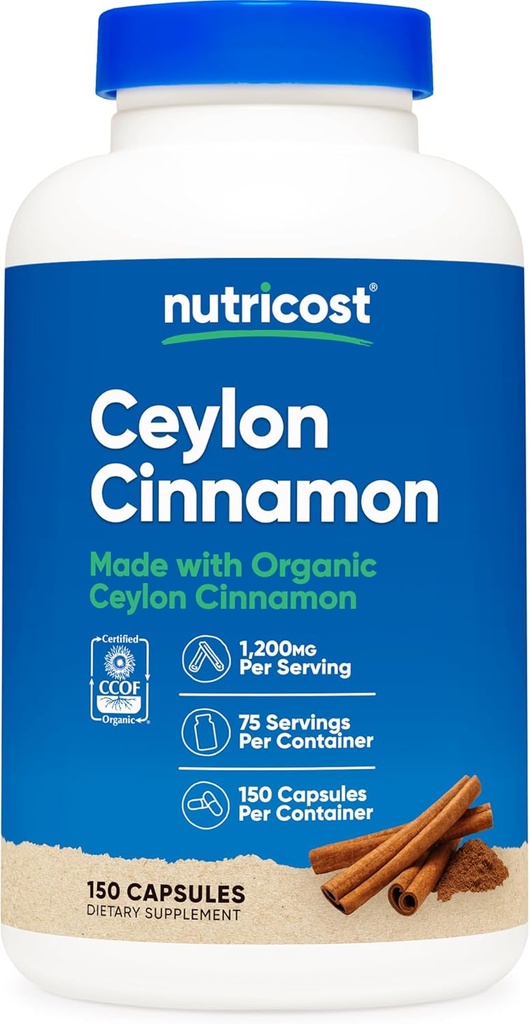 Cinnamon biologique Nutricost (Céylan cannelle) 1 200 mg portion, 150 capsules - sans gluten, non-OGM