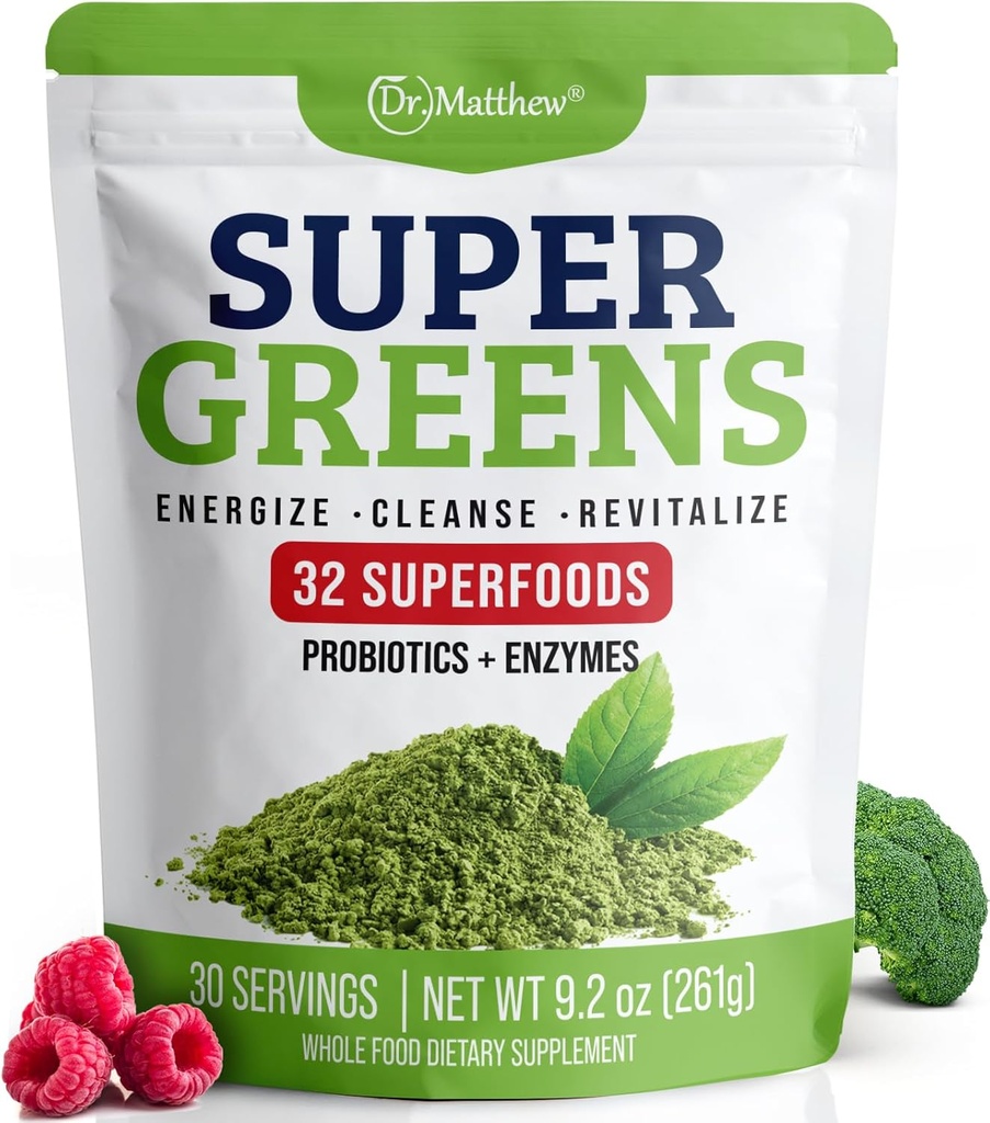 Poudre de jus vert. Supergreens Superfood Powder. Detox Greens pour Bloating et Digestion. Poudre de légumes avec probiotiques et enzymes. Chlorella, Spiruline, Herbe de blé, Ashwagandha. 32 Superaliments