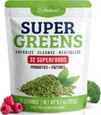 Poudre de jus vert. Supergreens Superfood Powder. Detox Greens pour Bloating et Digestion. Poudre de légumes avec probiotiques et enzymes. Chlorella, Spiruline, Herbe de blé, Ashwagandha. 32 Superaliments