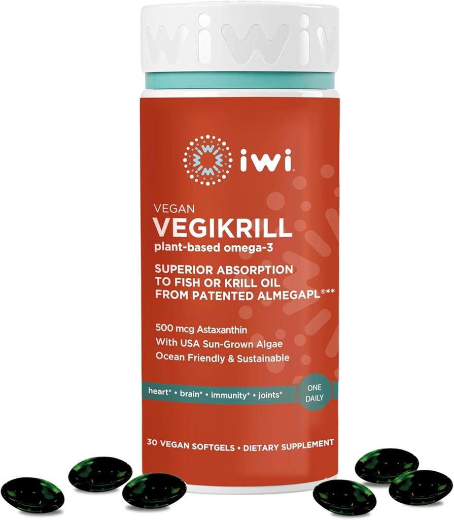 Iwi Life Vegikrill Omega-3, 30 Softgels (30 portions), Vegan, Algae Omega-3 à base de plantes avec l'astaxanthine, complément alimentaire de soutien de corps entier, krill et huile de poisson alternative, sans arrière-goût de poisson