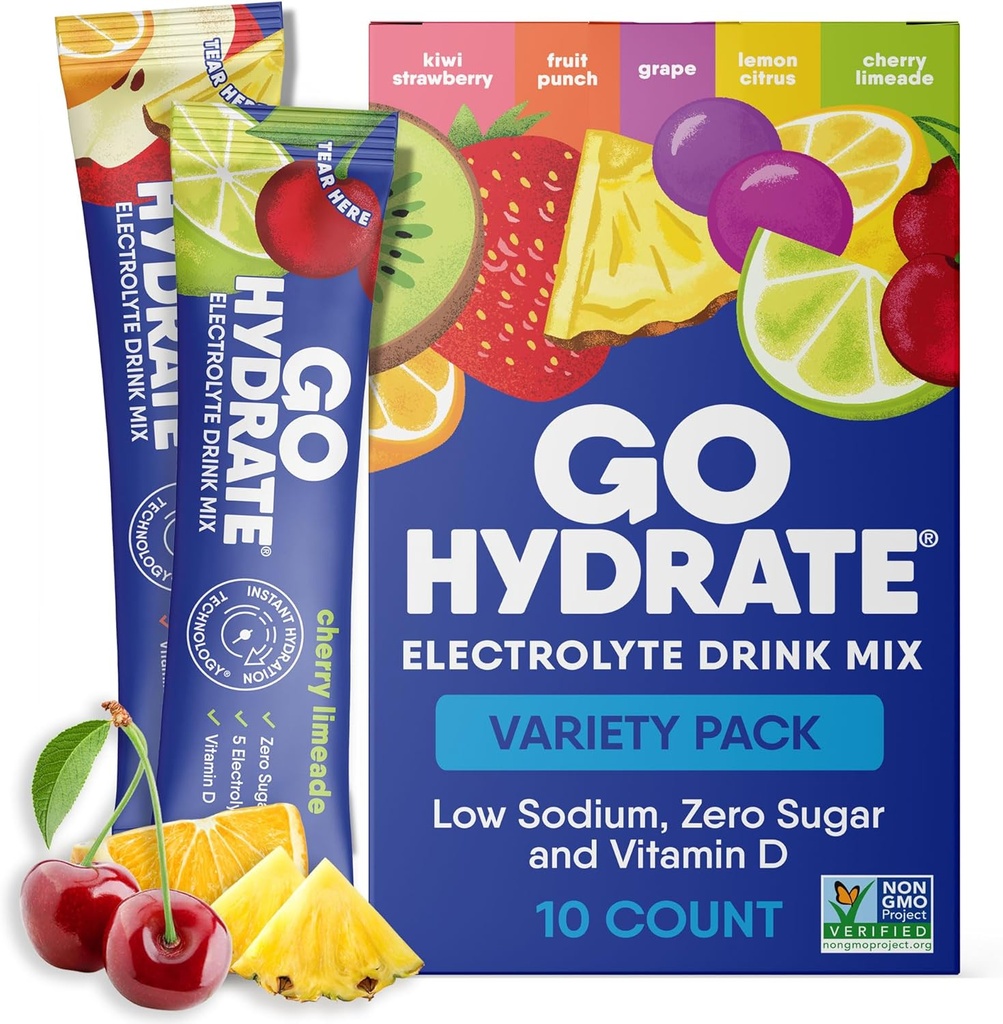 GoHydrate Powder Packets d'hydratation instantanée - faible teneur en sodium électrolytes boisson mélange - Natural Hydratation Support, sans sucre électrolyte boisson en poudre aromatisée avec vitamine D, 10 paquets, mélangé