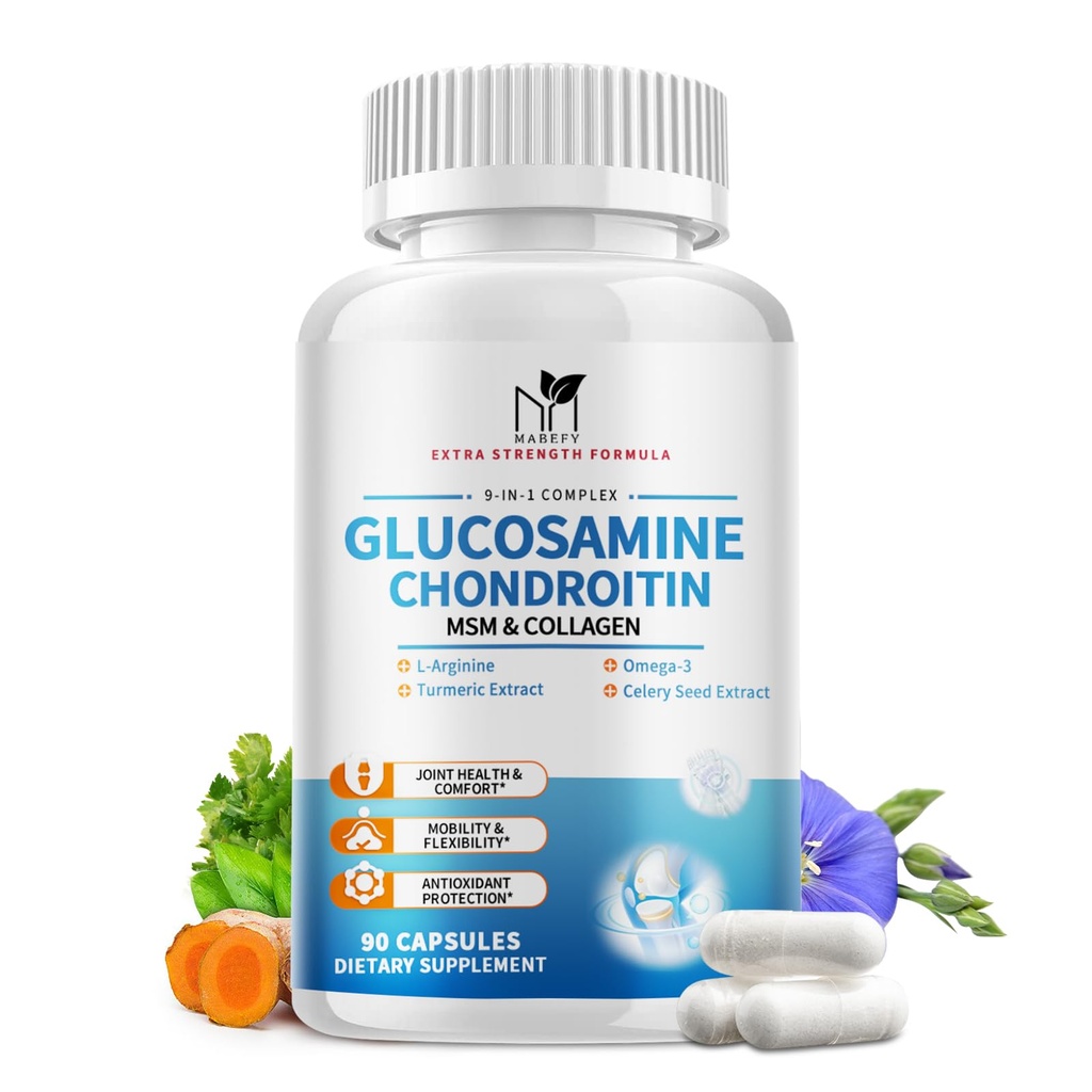 Glucosamine Chondritine Capsules 1500mg avec MSM, Collagène, Turmeric - Supplément de soutien conjoint pour les hommes et les femmes, Soutien antioxydant pour la santé conjointe, 90 Capsules