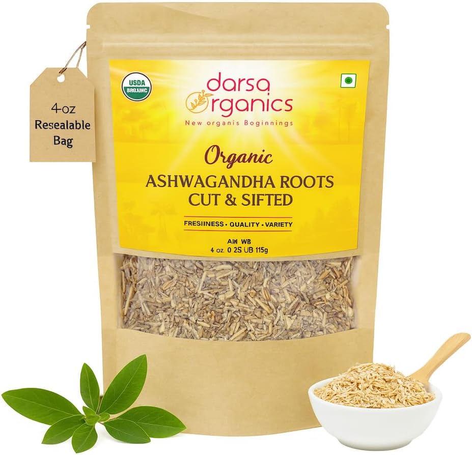 Ashwagandha Root Cut & Sifted 4 oz - USDA Bio Certified Withania Somnifera soutient le stress sain, l'énergie et le sommeil, idéal pour les thés et les smoothies, non-OGM, végétalien, casher