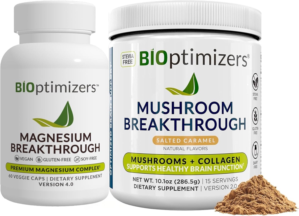 BiOptimizers Magnésium Breakthrough 4.0, (60 Capsules) et Mushroom Breakthrough Poudre (Salted Caramel, 15 portions) - Naturel Sommeil et Cerveau Superfood & Supplément Bundle
