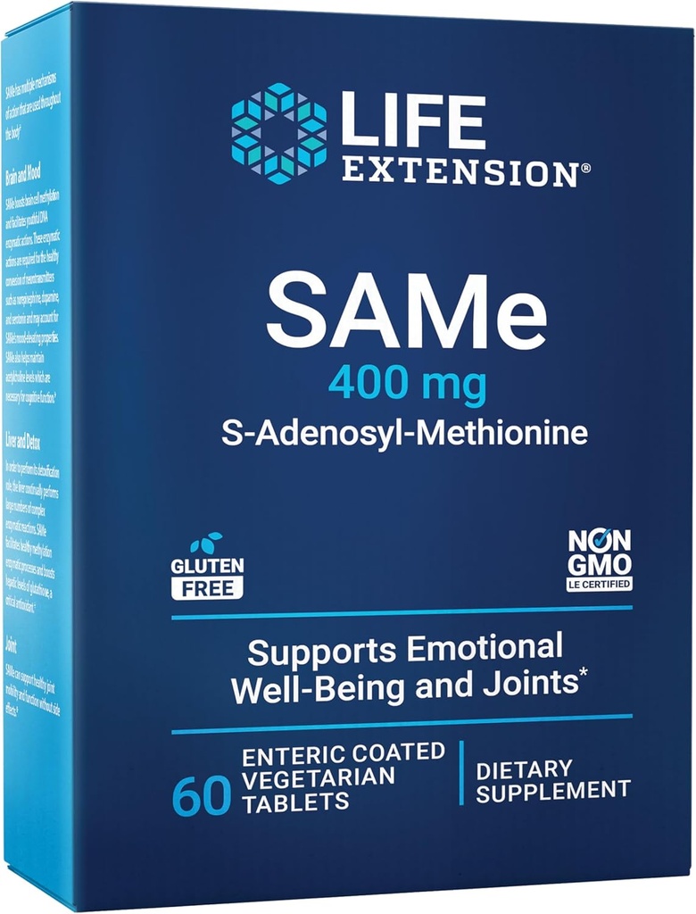 Allongement de la durée de vie Même, S-Adénosyl-Méthionine, 400 mg, Meilleurs soins de santé en vente, Supplément de soutien du foie et des articulations, Non-OGM, Végétarien, Sans gluten, 60 comprimés entériques