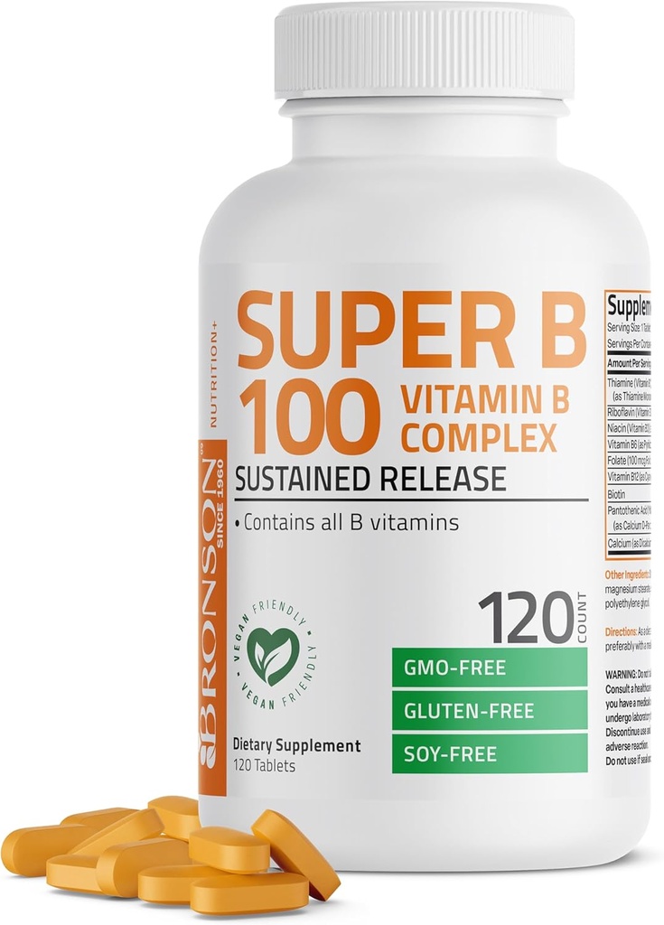 Bronson Super B100 Complexe de vitamine B à libération prolongée contient toutes les vitamines B (vitamine B1, B2, B3, B6, B9 - acide folique, B12), 120 comprimés