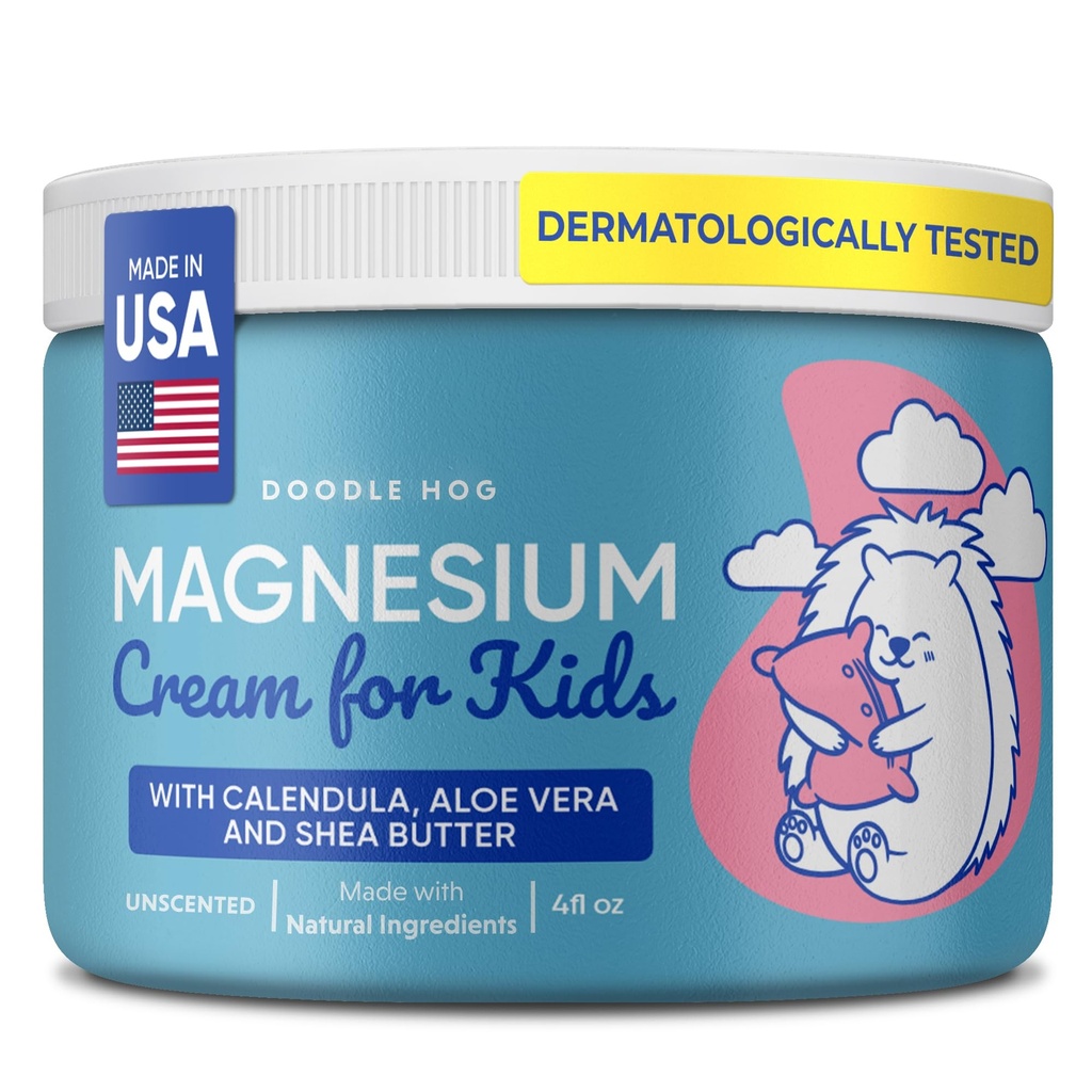 Crème Magnésium DOODLE HOG pour les enfants - Apaisant Relief & Relaxation avec Calendula, Aloe Vera, Beurre de karité - Crème Magnésium Topique pour le Sommeil - USA Made - (4 oz, Sans parfum)