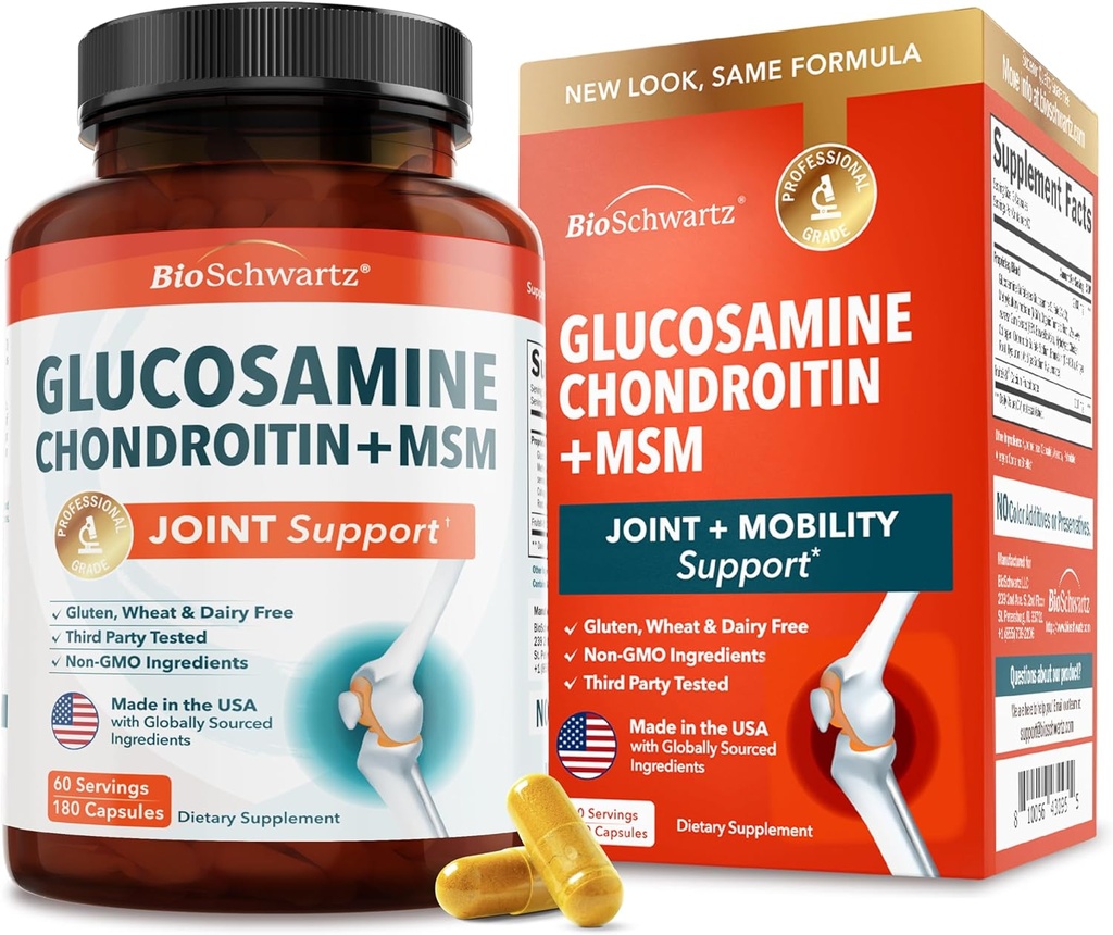 Glucosamine Chondroitin MSM Joint Support Supplement - Collagen Peptides, Turmeric and Ginger, Hyaluronic Acid, Glucosamine Chondroitin Sulfate for Joint Comfort - Gluten Free, Non GMO, 180 Capsules
