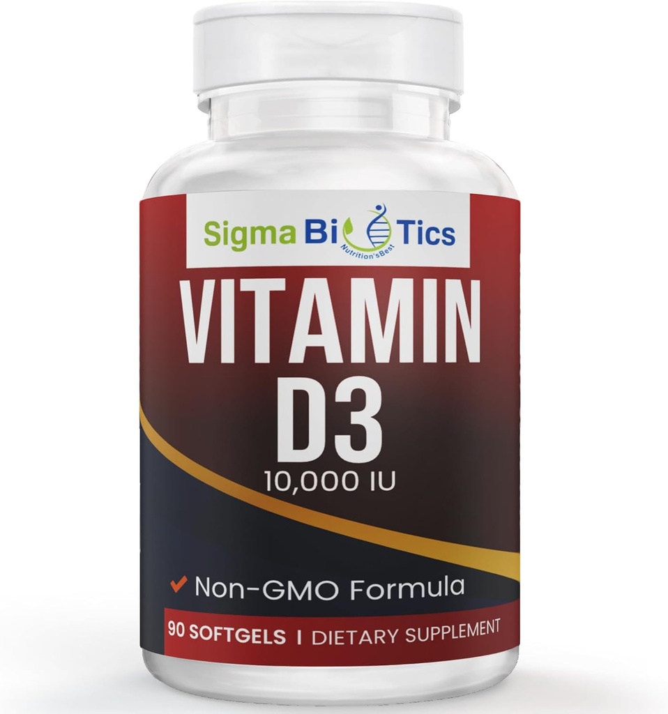 Vitamine D haute puissance 10 000 UI - Suppléments de soutien osseux et immunitaires - Softgels de vitamine D non OGM pour l'absorption et le bien-être du calcium - 250 mcg Cholecalciferol - 60 Softgels