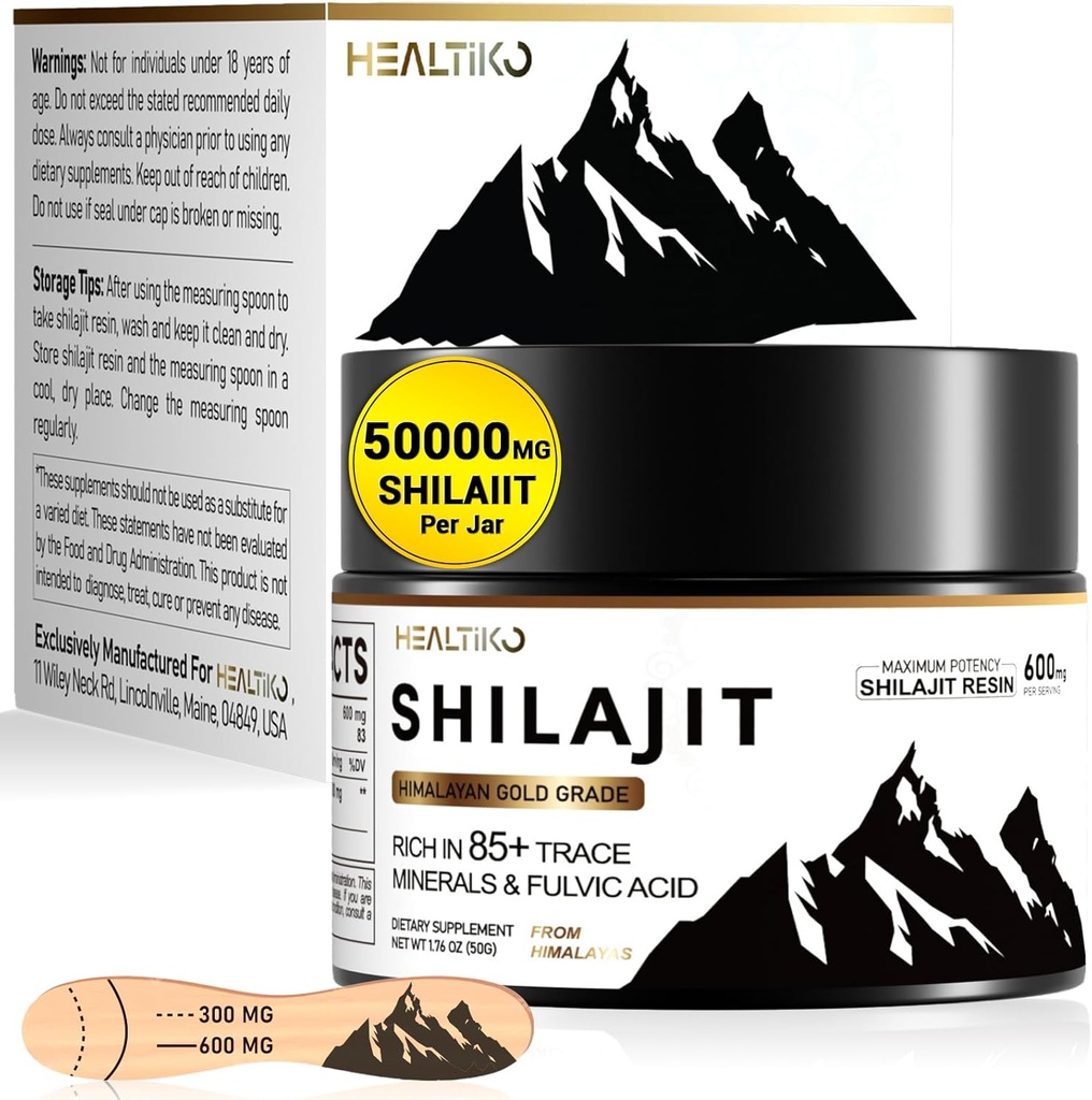 Shilajit Resin, Himalayan Shilajit Organic - 600mg Or de puissance grade, Shilajit pour les hommes et les femmes avec 85+ Trace Minerals & Fulvic Acid, pour l'énergie, l'immunité et la force, 83 Servir (50g)