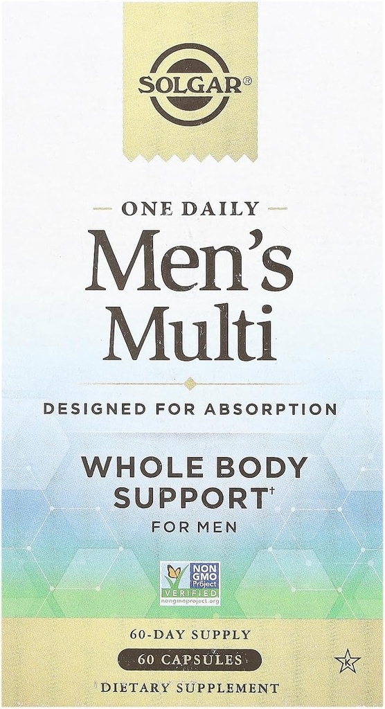 Solgar One Daily Men Multivitamin Complement de soutien du corps entier, libération retardée très absorbante One Daily Multi Vitamine Capsules pour hommes - Immune énergie cardiaque stress et santé musculaire, 60 portions